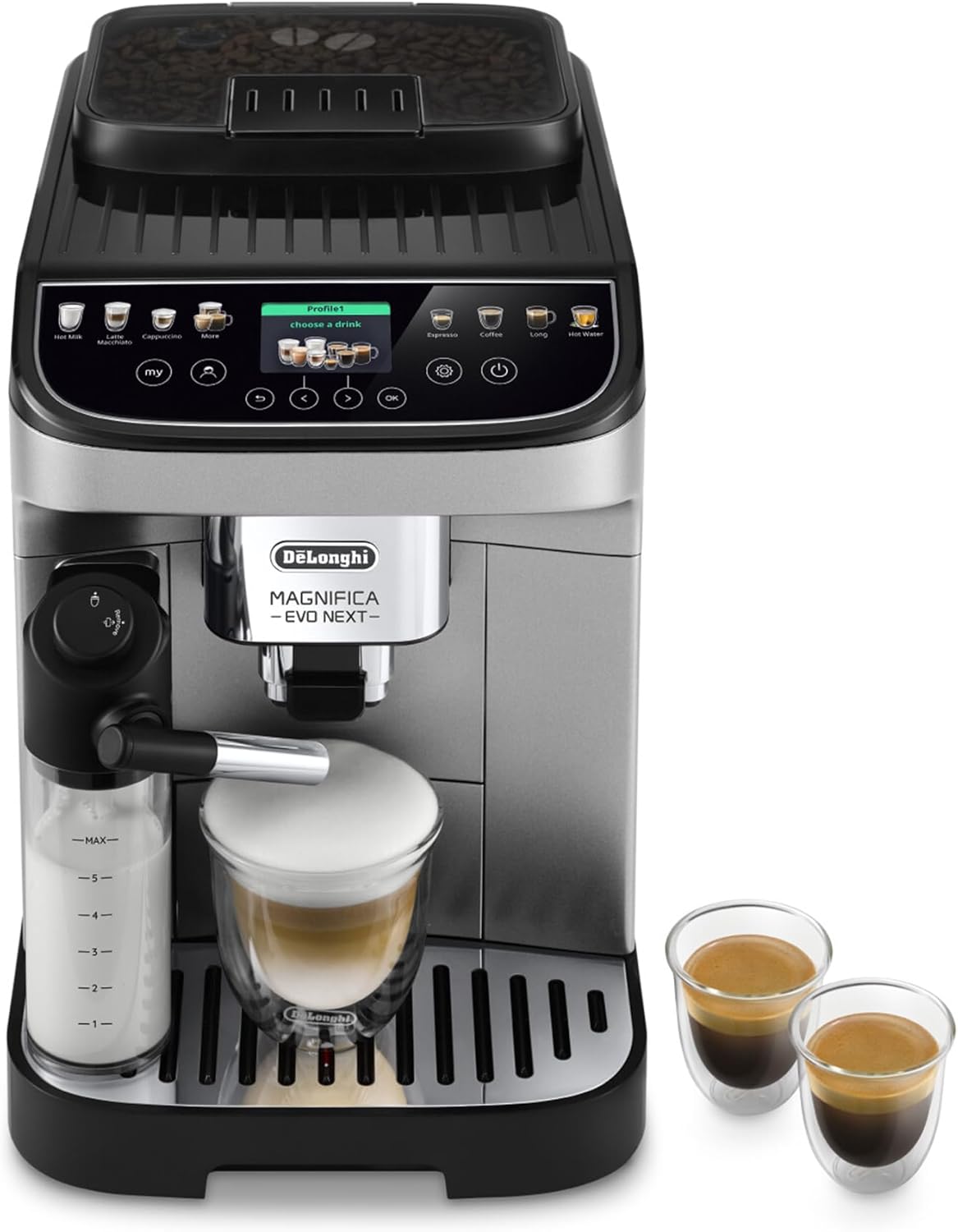 De'Longhi Magnifica Evo Next ECAM310.80.SB, Automatic Coffee Machine With Automatic Milk Frother, Bean To Cup Coffee and Cappuccino Machine with Intuitive Touch Display, Silver/Black